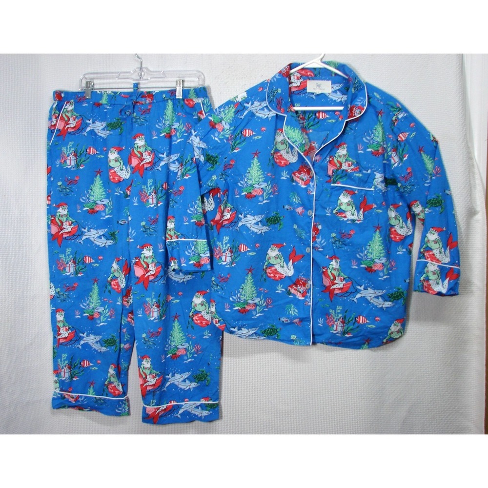 Print Fresh Santa Merman Dolphin Long Pants Sleeve Pj Set Size L Organic Cotton